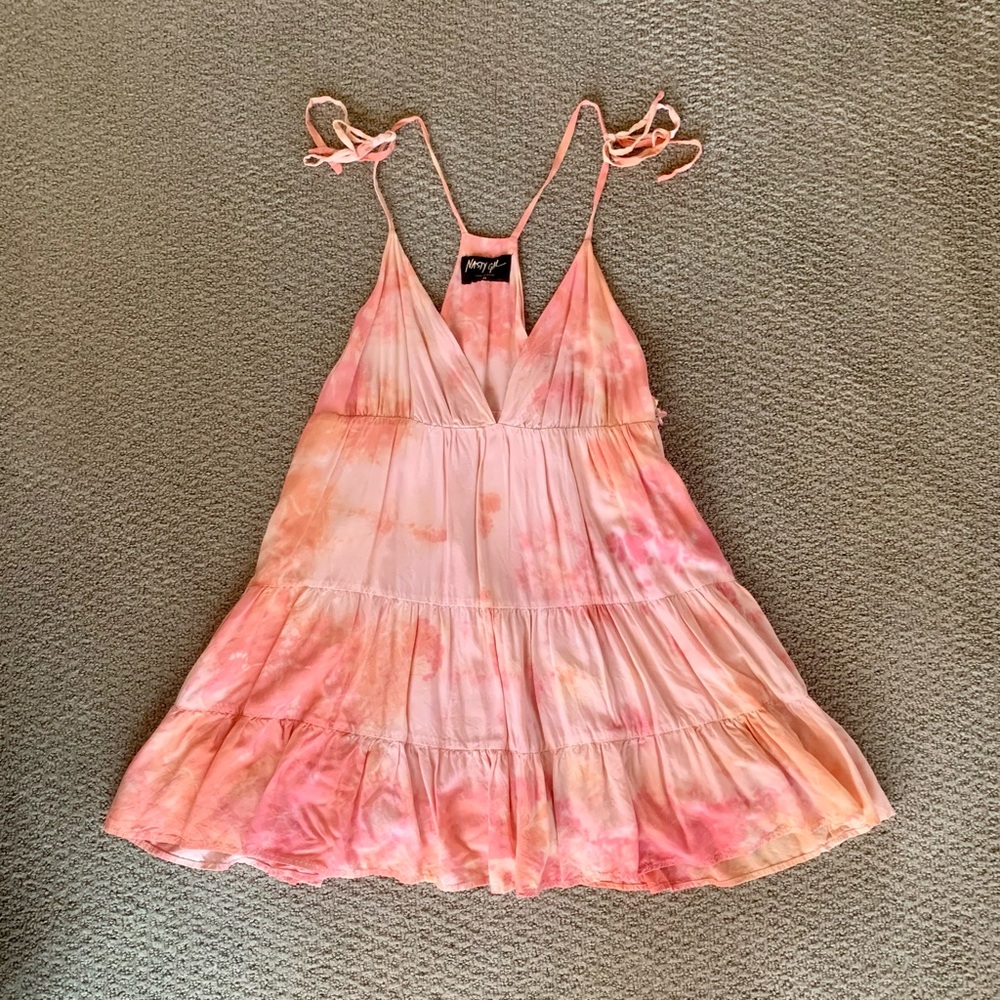 Nasty Gal Tie Dye Tie Strap Baby Doll Style Top / Shirt Dress Low Neckline